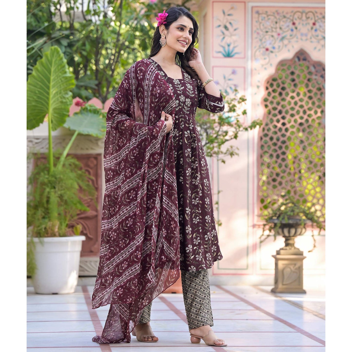 Wine Anarkali Chanderi Silk Suit With Hancrafted & Foil Print