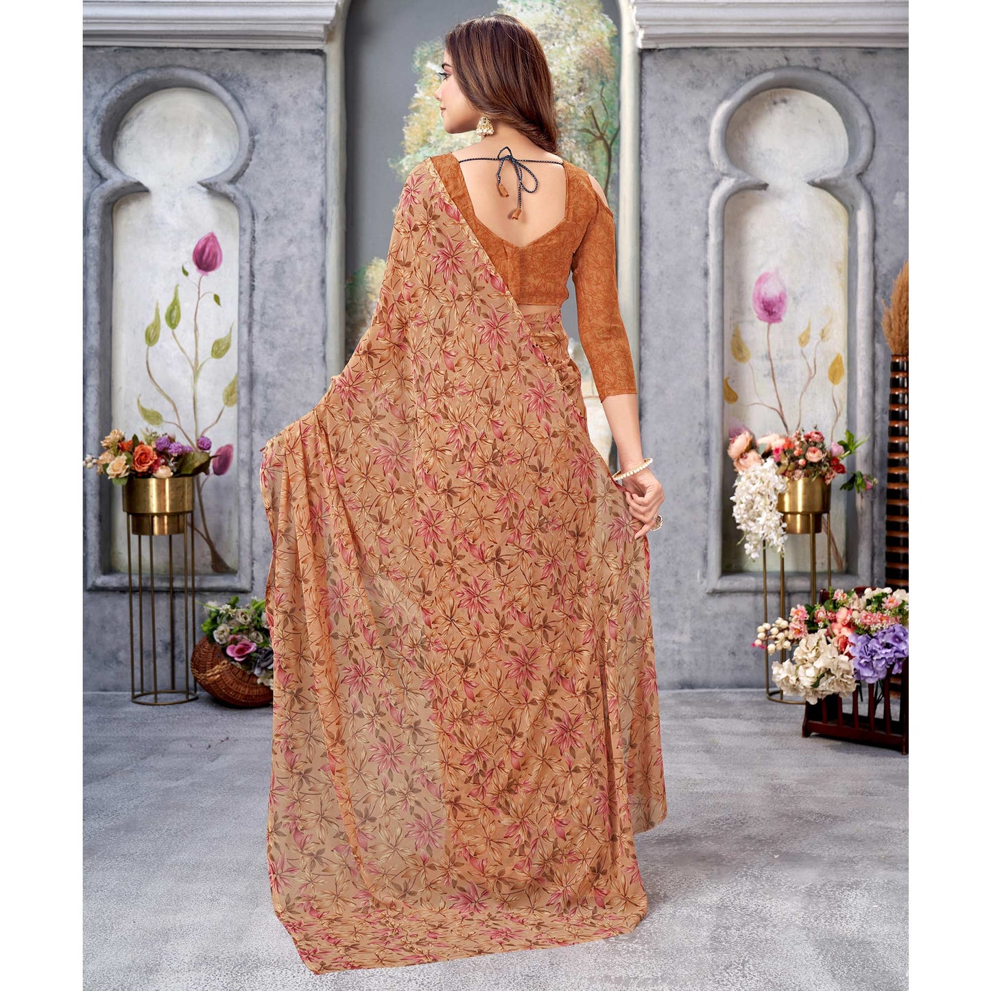 Rust Floral Printed Georgette Saree