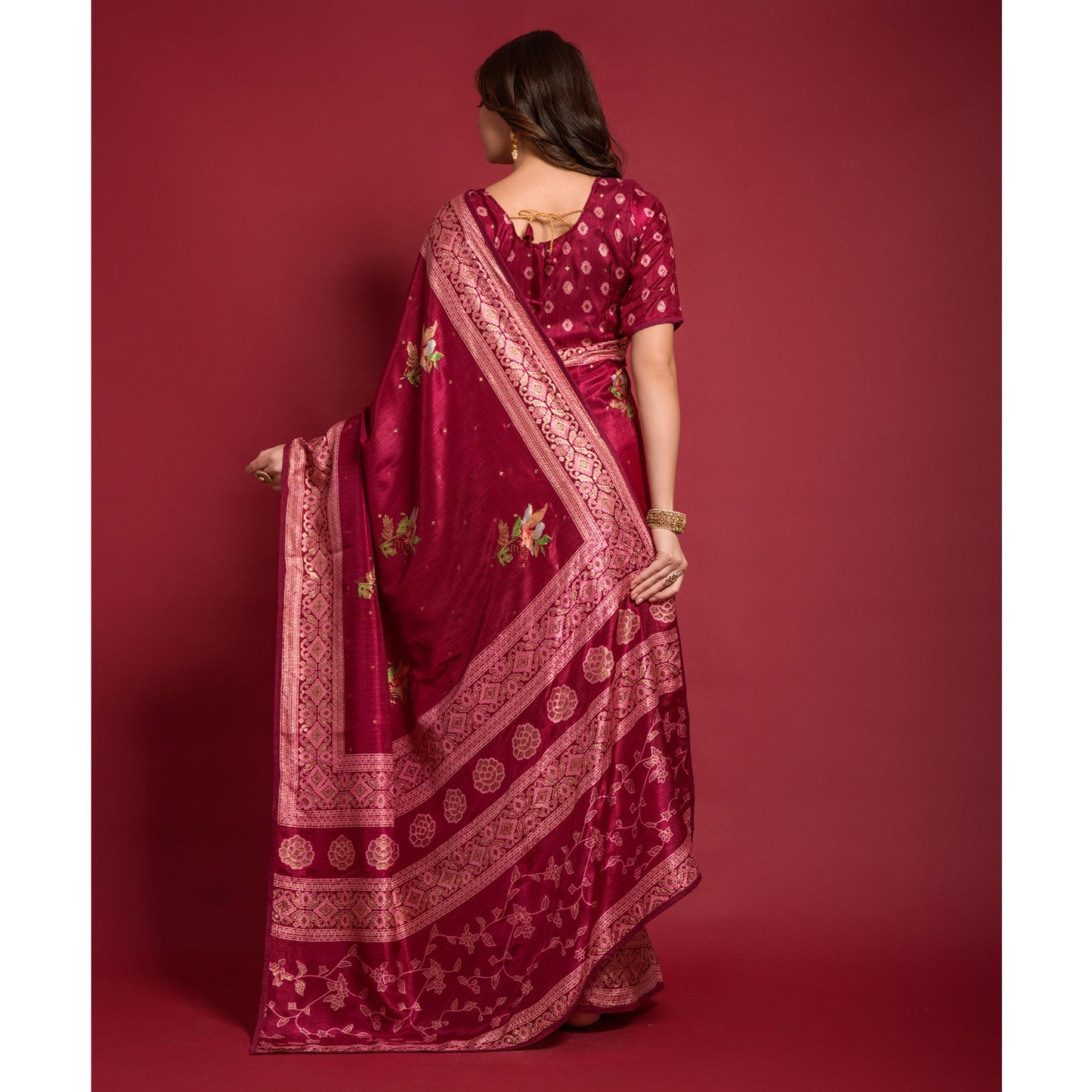 Magenta Floral Foil Printed Art Silk Saree