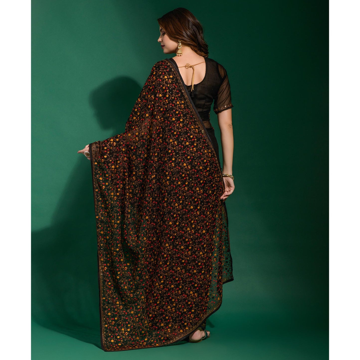 Black Floral Embroidered Georgette Saree