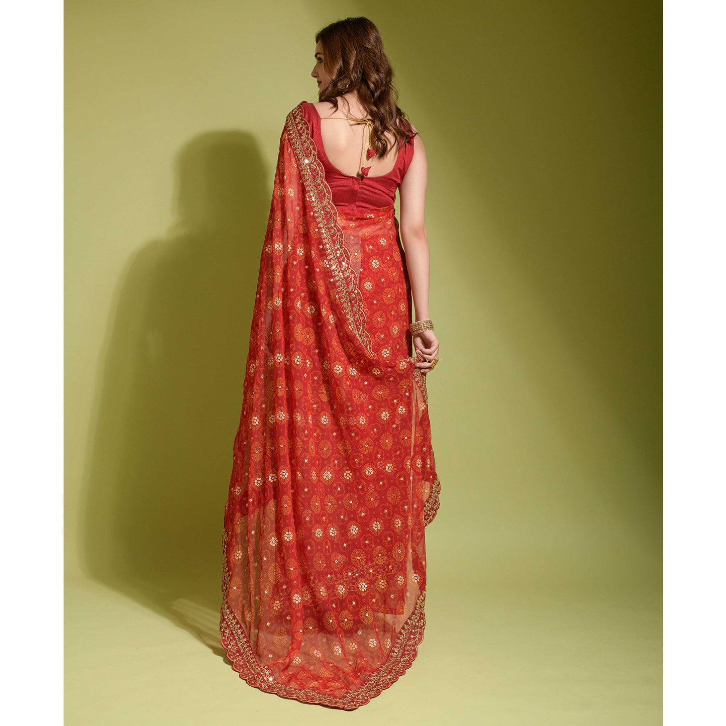 Red Bandhani Foil Printed Georgette Saree With Embroidered Border