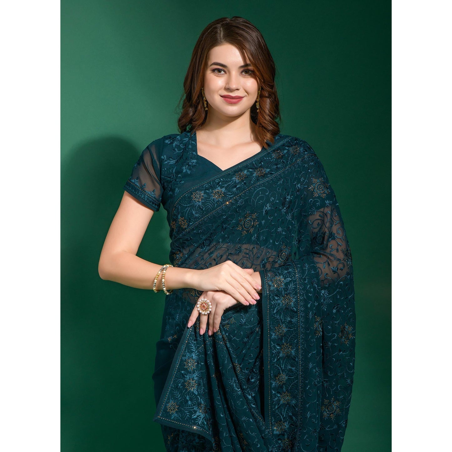 Blue Floral Embroidered Georgette Saree