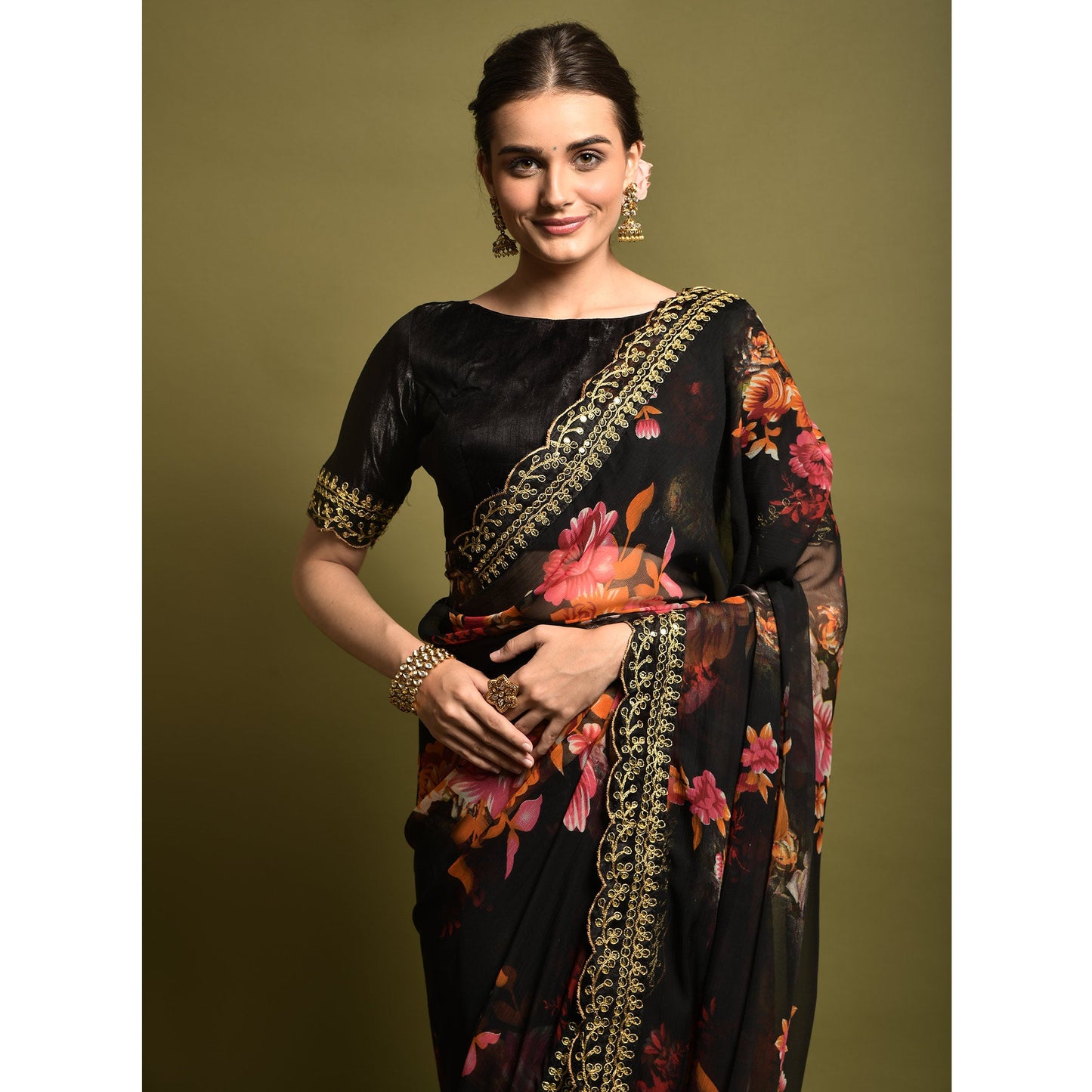 Black Floral Printed Georgette Saree With Embroidered Border