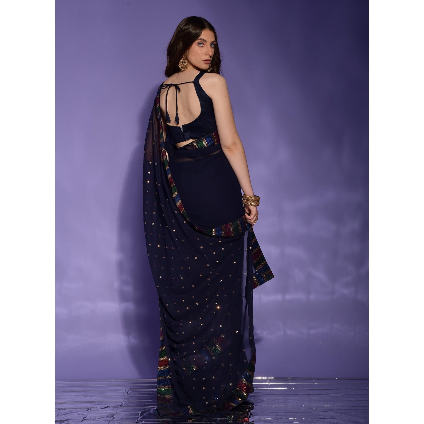 Navy Blue Sequins Embroidered Georgette Saree