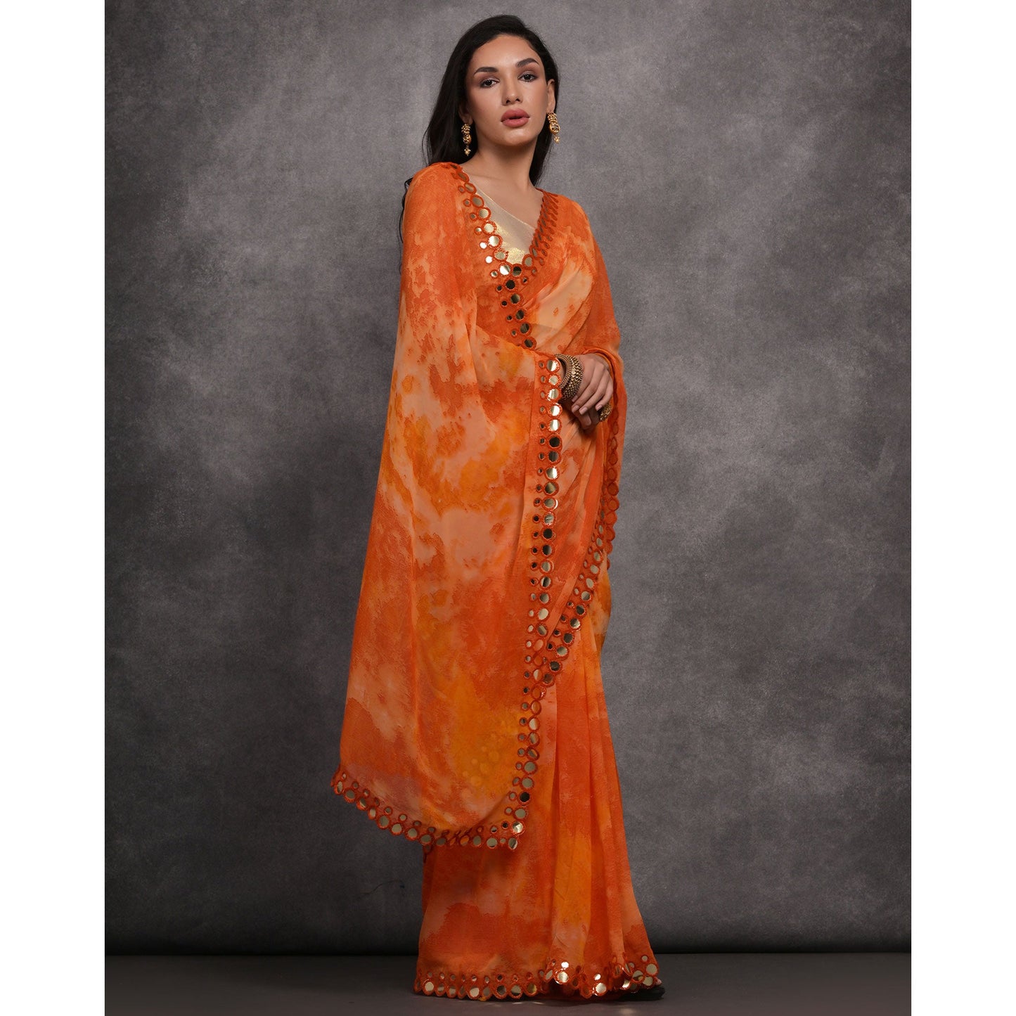 Orange Printed With Mirror Work Georgette Saree