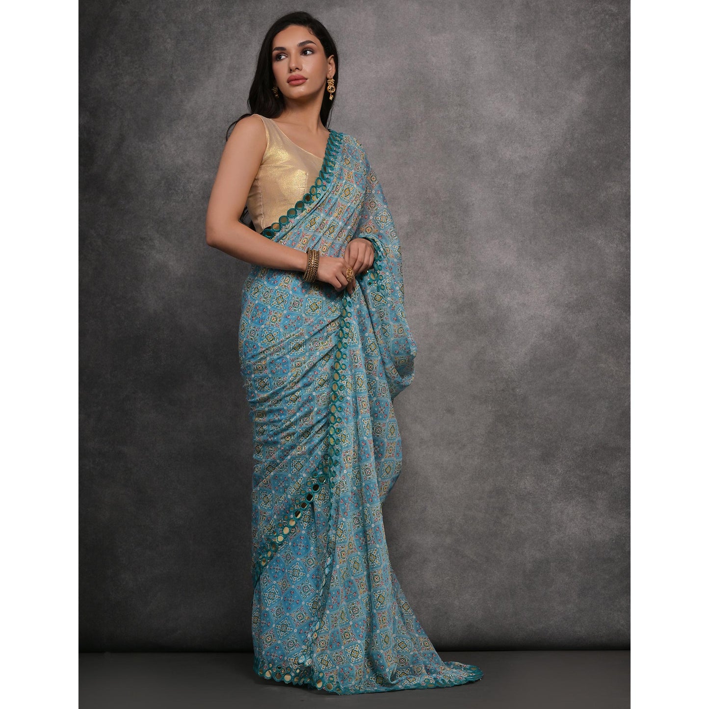 Blue Foil Printed With Mirror Work Georgette Saree