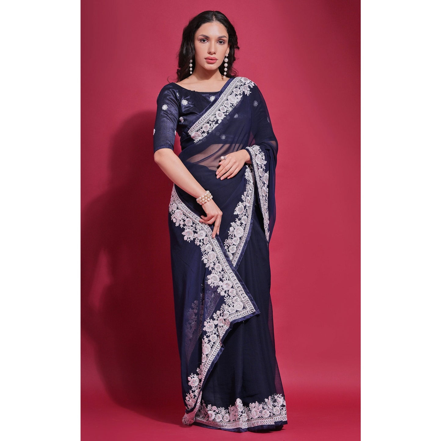 Navy Blue Embroidered Georgette Saree