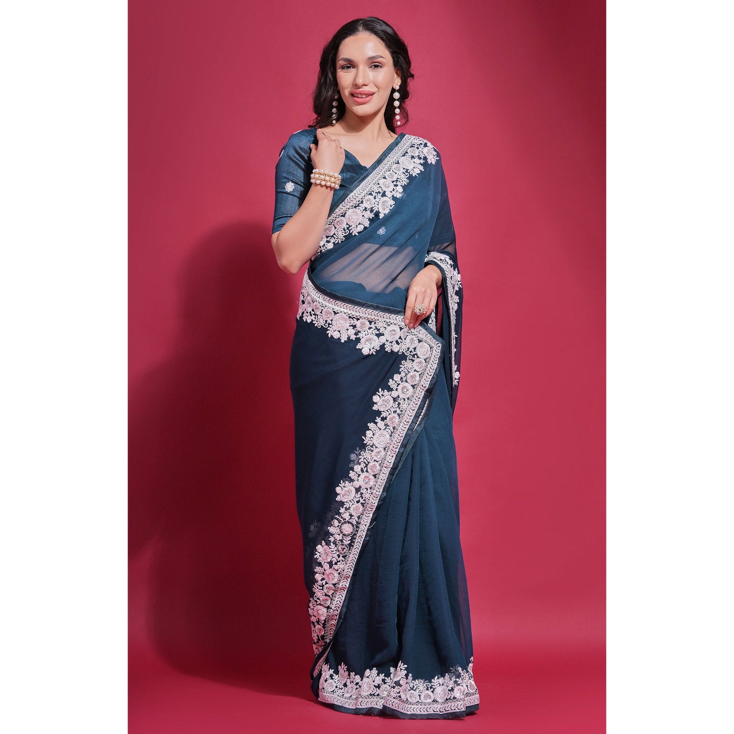 Teal Embroidered Georgette Saree