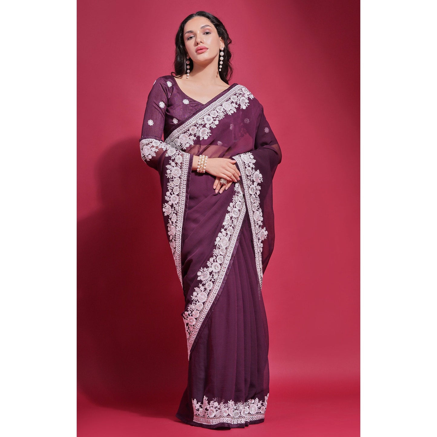 Wine Embroidered Georgette Saree