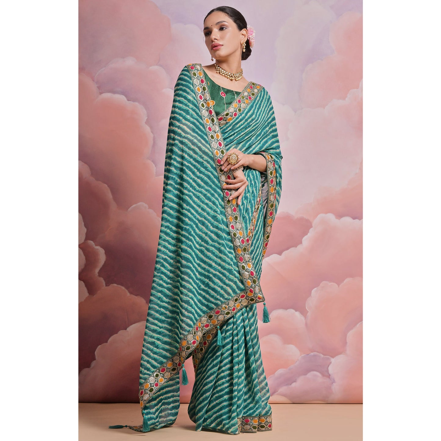 Green Leheriya Printed With Embroidered Border Georgette Saree