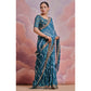 Teal  Printed With Embroidered Border Georgette Saree