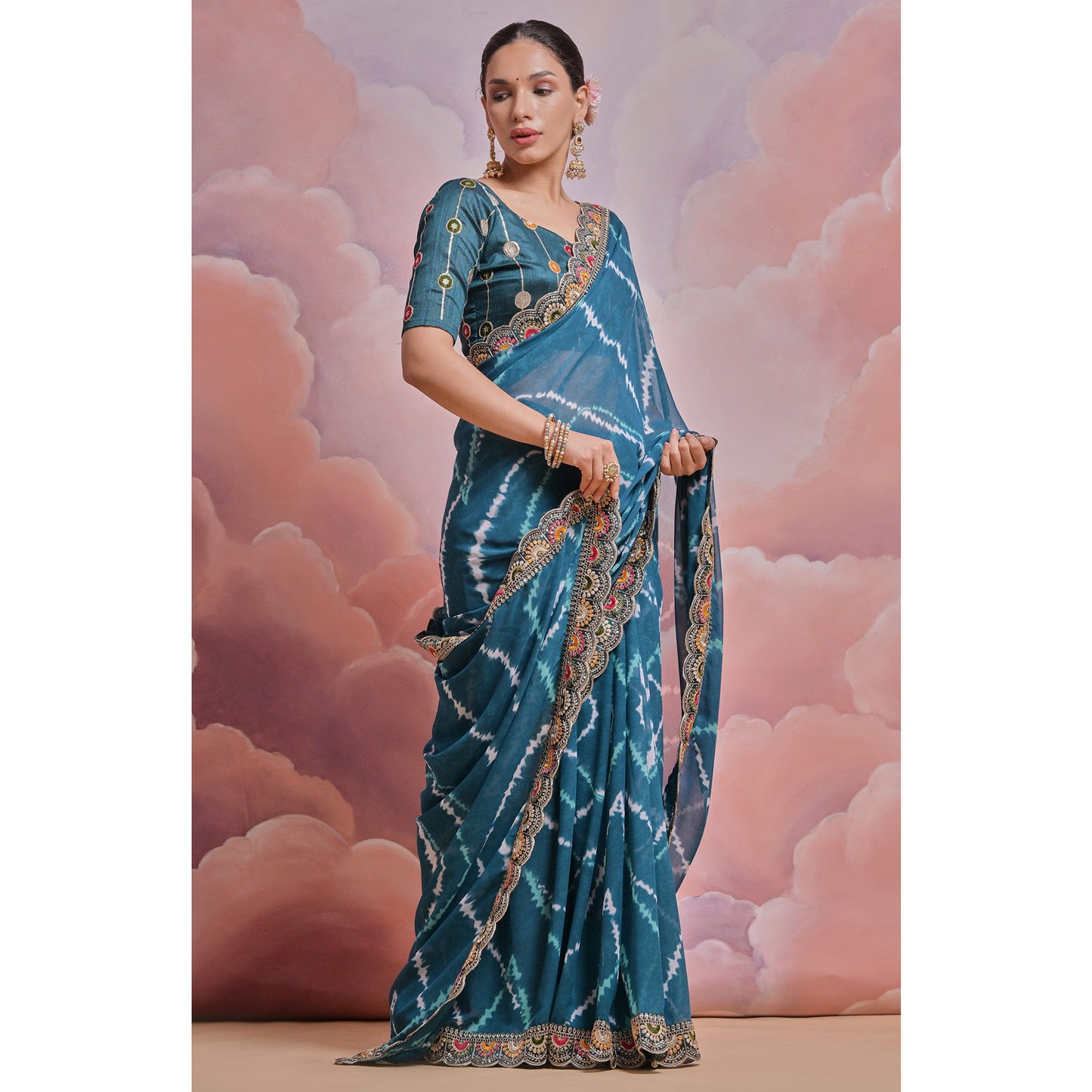 Teal  Printed With Embroidered Border Georgette Saree