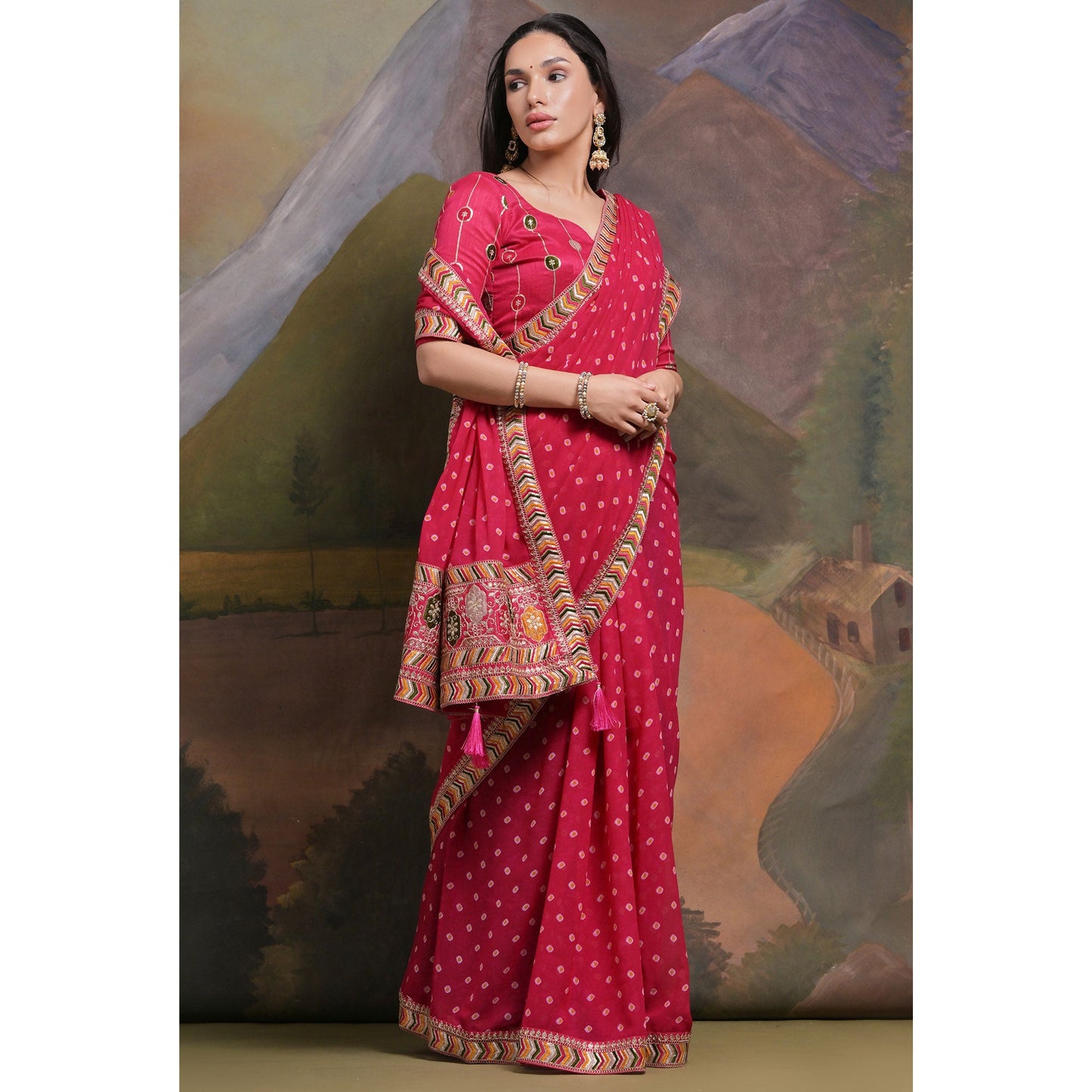 Pink Bandhej Printed Georgette Saree With Tassels