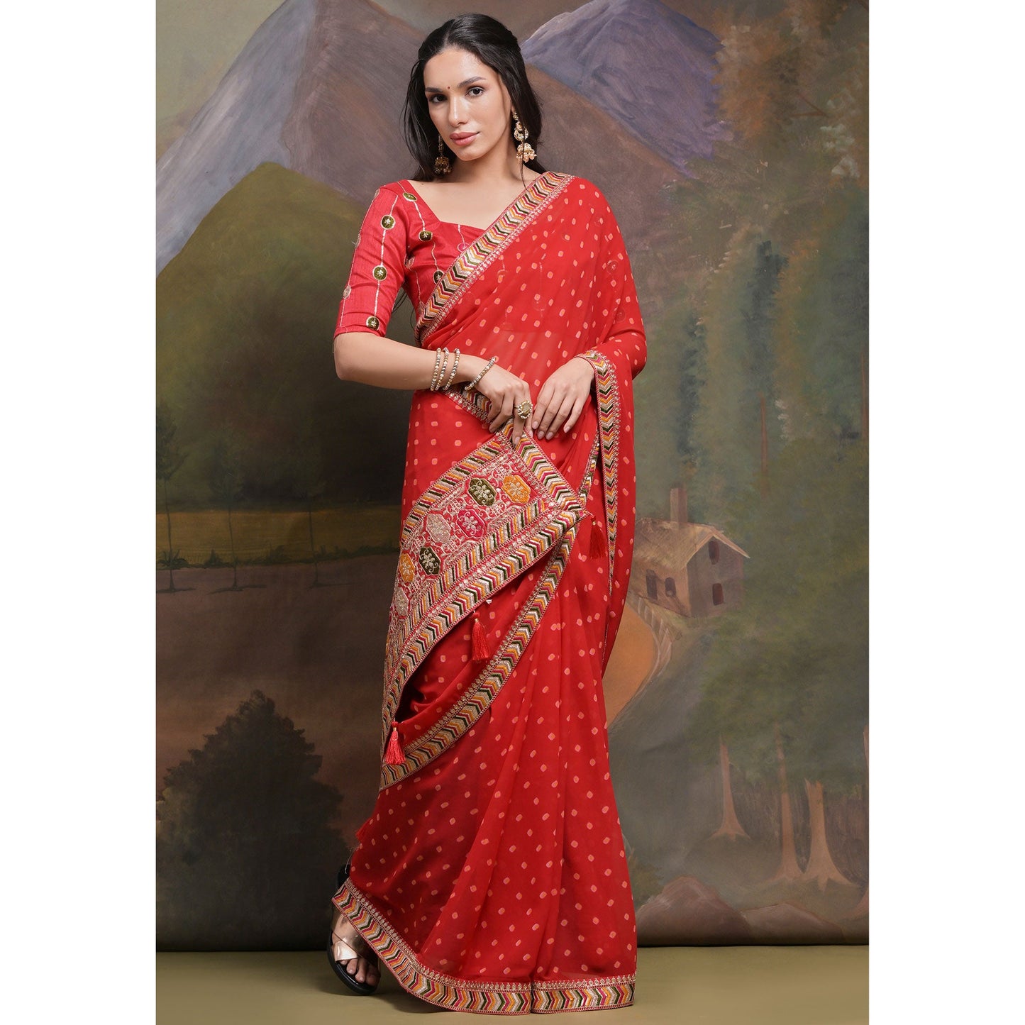 Red Bandhej Printed Georgette Saree With Tassels