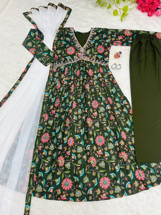 Green Boho Floral Special: Aliya Cut Dresses with Dupatta and Pant! 🌺🌺