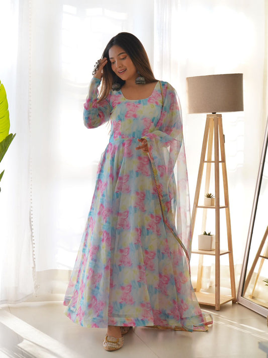 Elegant Floral Organza Taby Silk Gown with Dupatta