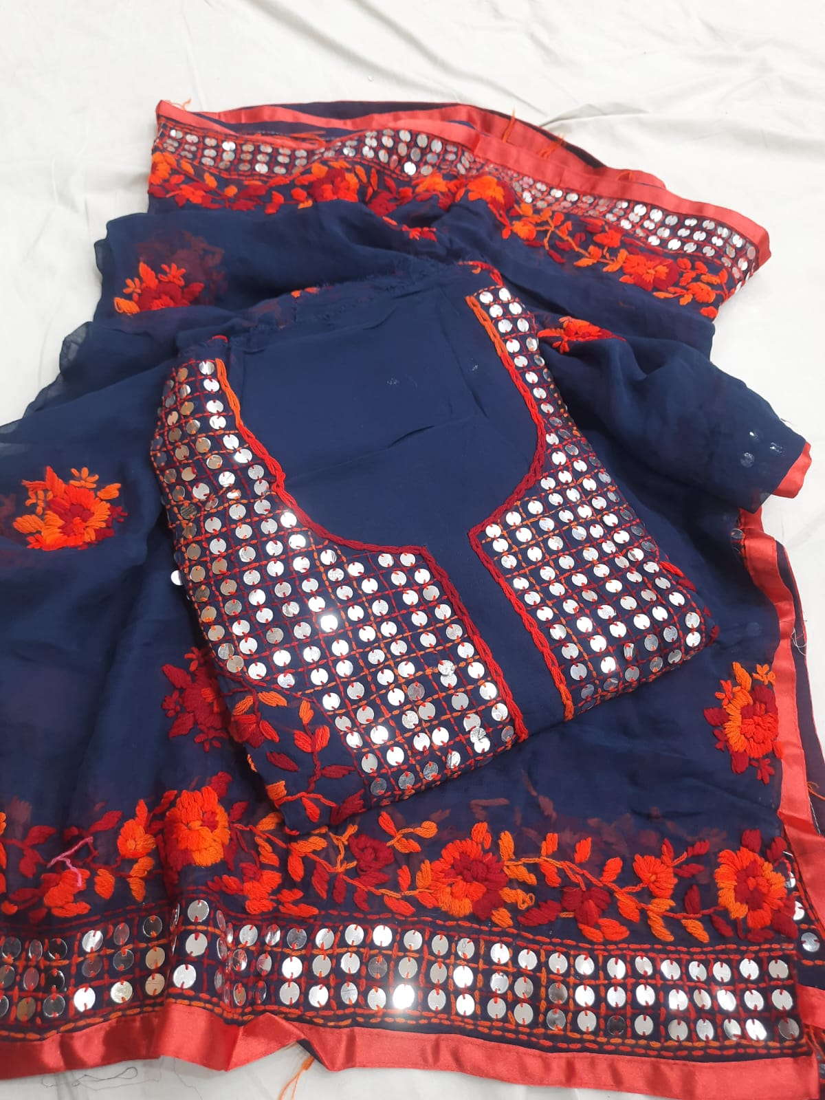 Navy Blue Vibrant Kantha Radiance: Georgette Suit Set with Pant and Dupatta (Premium)