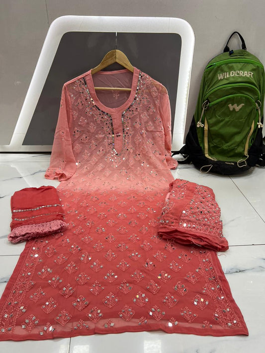 Brick Red Chikankari Elegance Ombré Mirror Booti Jaal Set - Kurti, Sharara & Dupatta -(Inner Included)