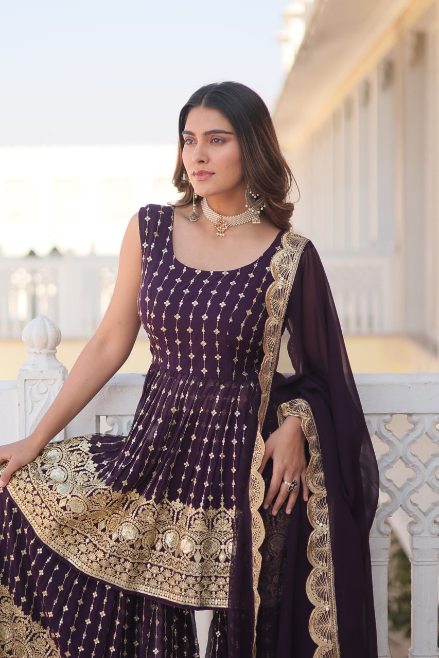 Regal Purple Elegance: Faux Georgette Kurti with Sequins & Thread Embroidery