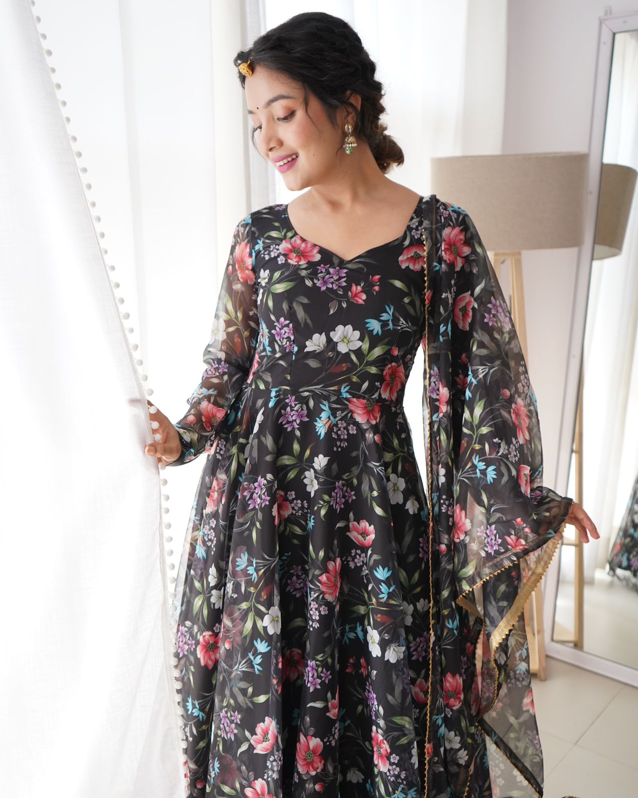 Midnight Blooms Black Floral Organza Taby Silk Gown with Dupatta