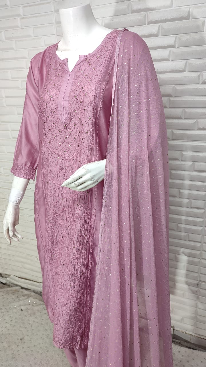 Dusty Pink Chikankari Elegance: Modaal Chanderi Cutdana Ensemble