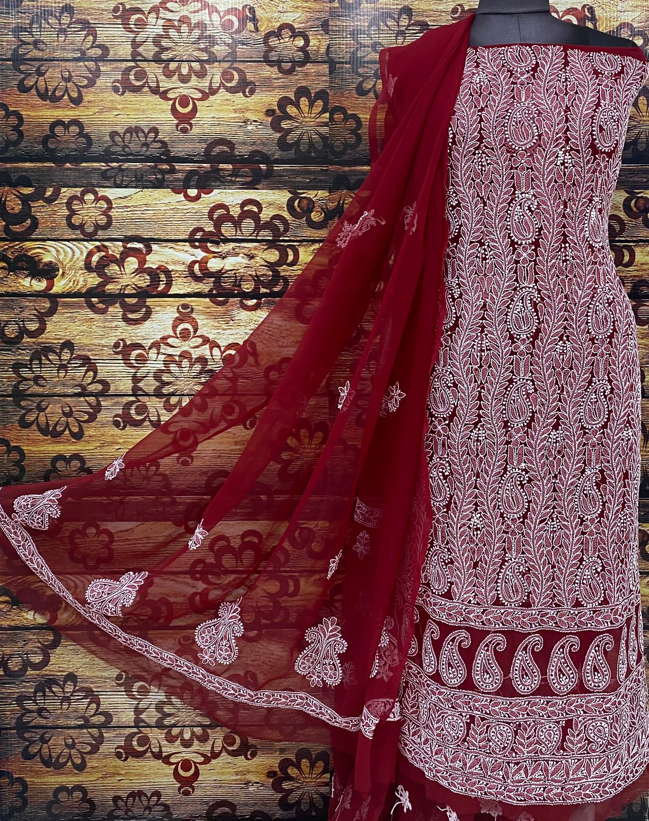 Maroon Chiffon Georgette 3-Pc Suit with Intricate Handwork Embroidery All Over Kurta Latest Online