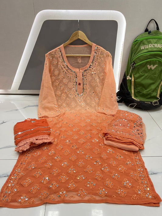 Orange Chikankari Elegance Ombré Mirror Booti Jaal Set - Kurti, Sharara & Dupatta -(Inner Included)