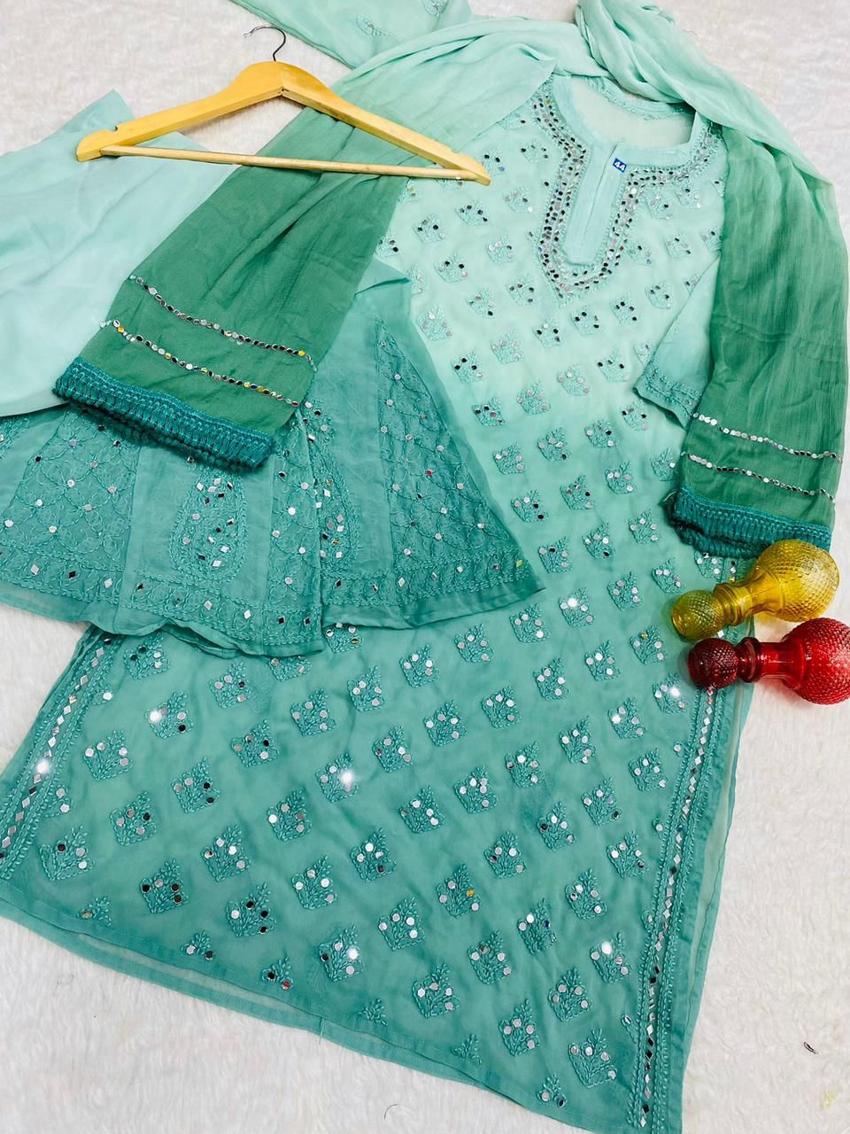 Bottle Green Chikankari Elegance Ombré Mirror Booti Jaal Set - Kurti, Sharara & Dupatta -(Inner Included)