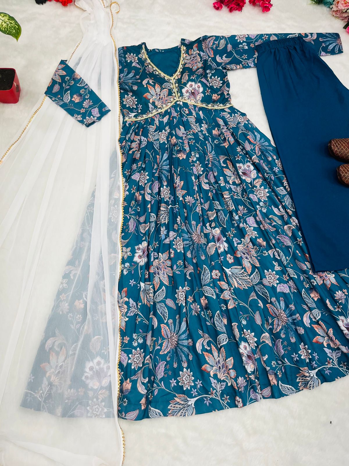 Teal blue Boho Floral Special: Aliya Cut Dresses with Dupatta and Pant! 🌺🌺