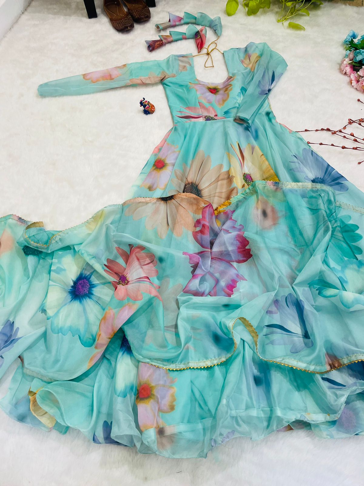 Aqua Green 🌟 Opulent Organza Silk Gown with Digital Print and Handwork 🌟