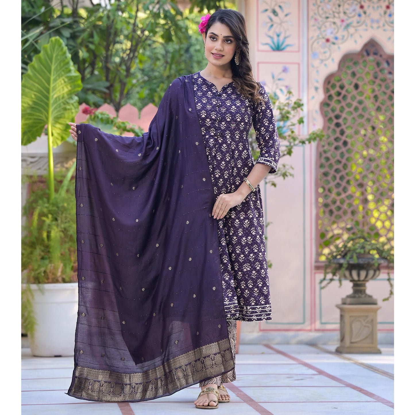 Purple Floral Printed Pure Cotton Anarkali Salwar Suit