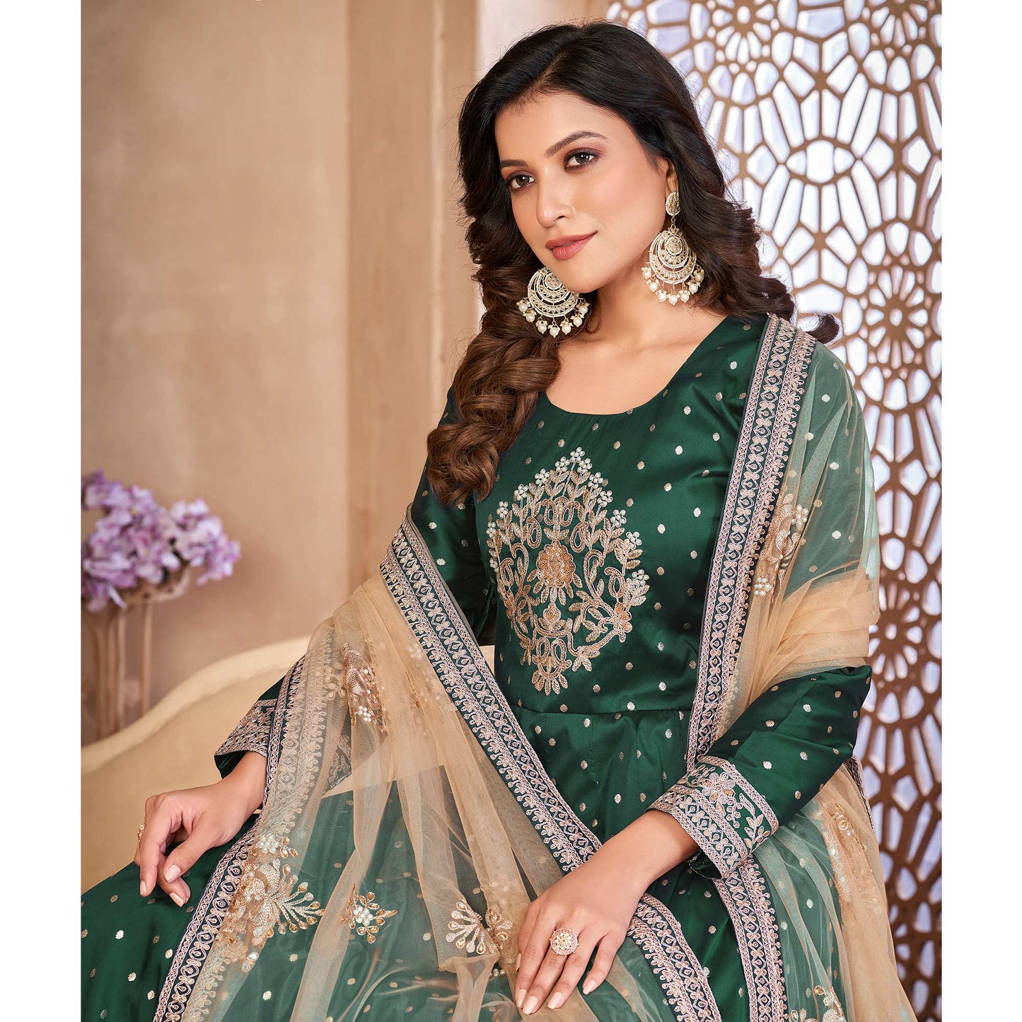 Green Floral Embroidered Tapetta Silk Semi Stitched Anarkali Suit