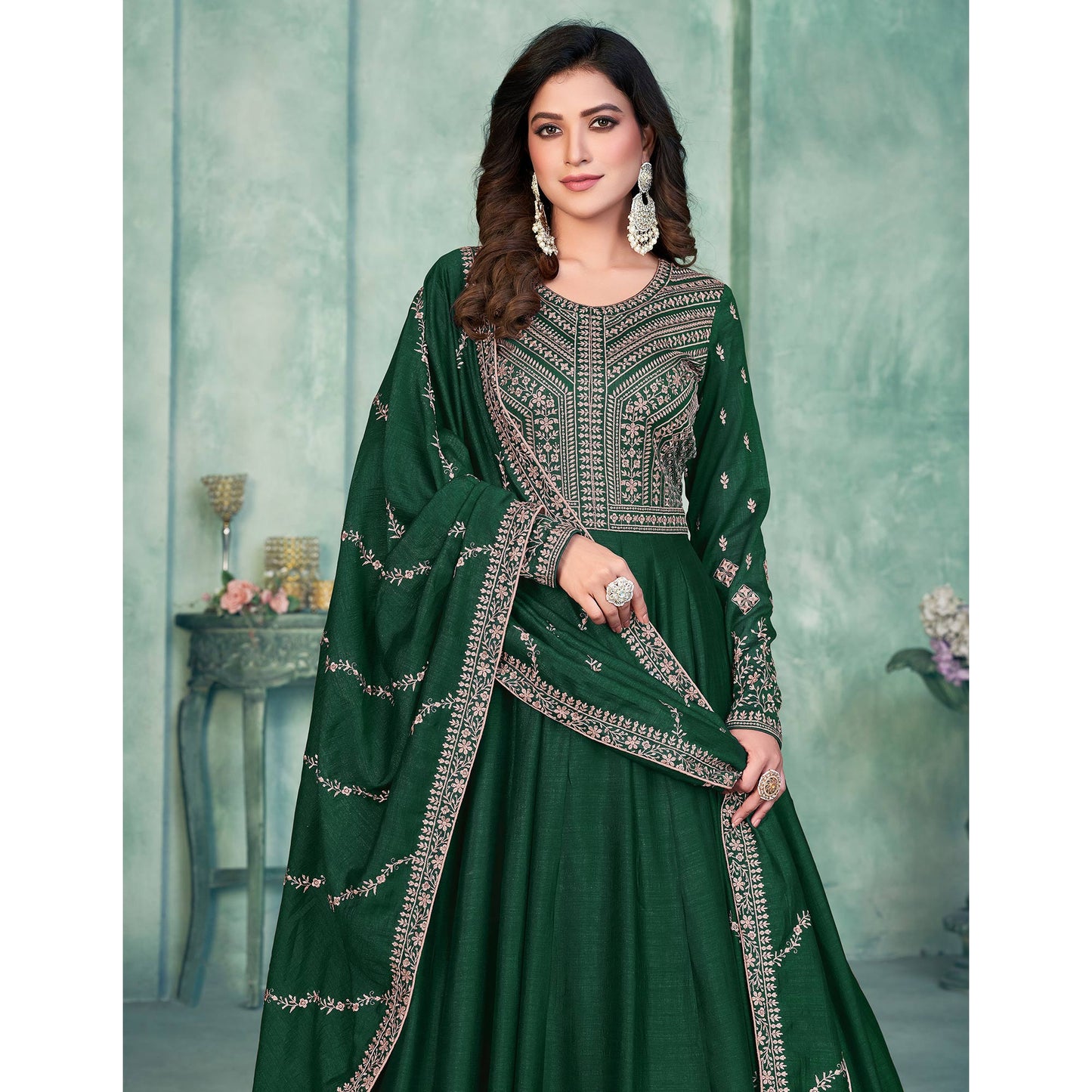 Green Embroidered Art Silk Semi Stitched Anarkali Suit