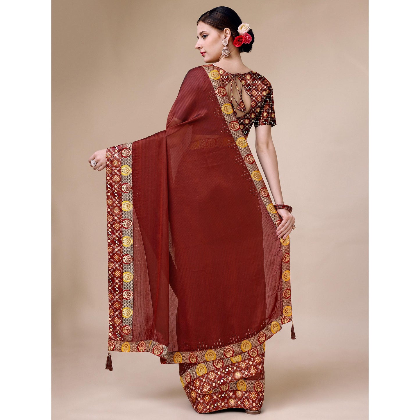 Rust Swarovski With Bandhani Printed Border Art Silk Saree