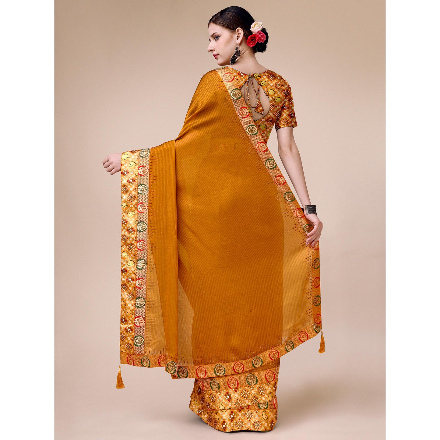 Mustard Swarovski With Bandhani Printed Border Art Silk Saree