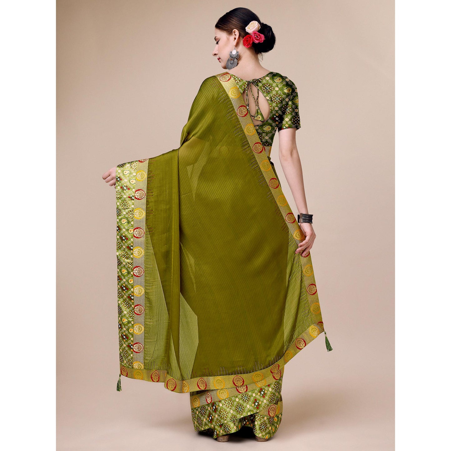 Mehendi Green Swarovski With Bandhani Printed Border Art Silk Saree