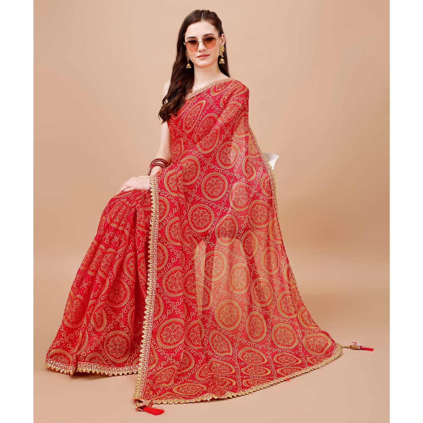 Red Bandhani Printed Chiffon Saree