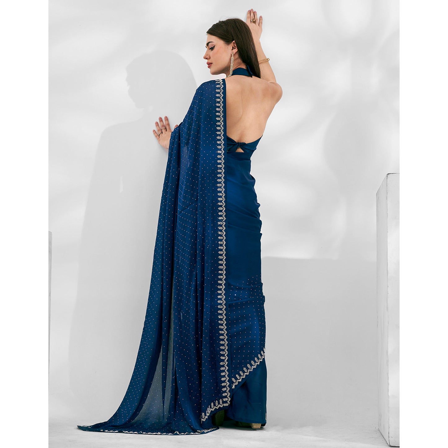 Blue Embroidered Beads & Stones Chiffon Saree