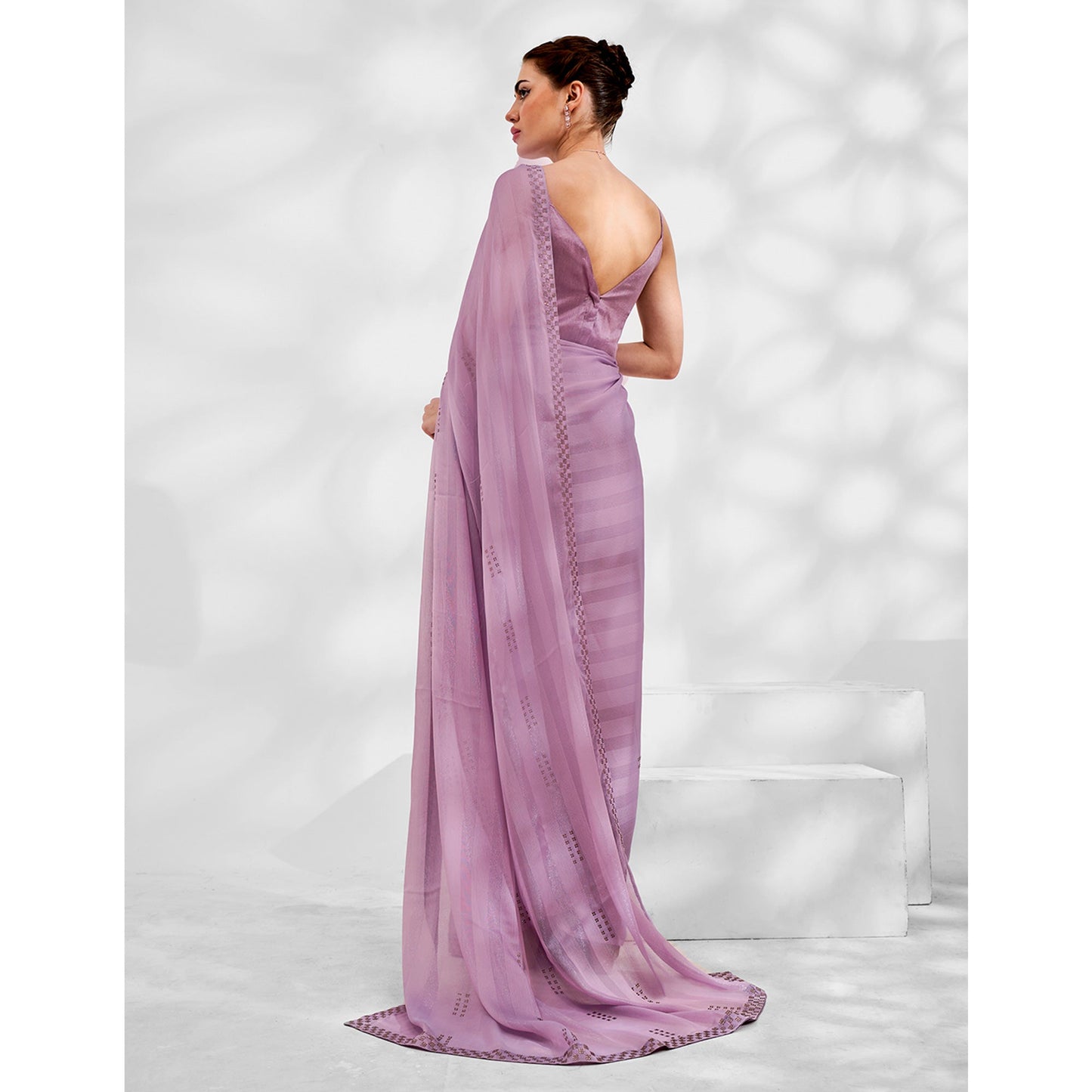 Light Purple Embroidered Swaroski Work Chiffon Saree