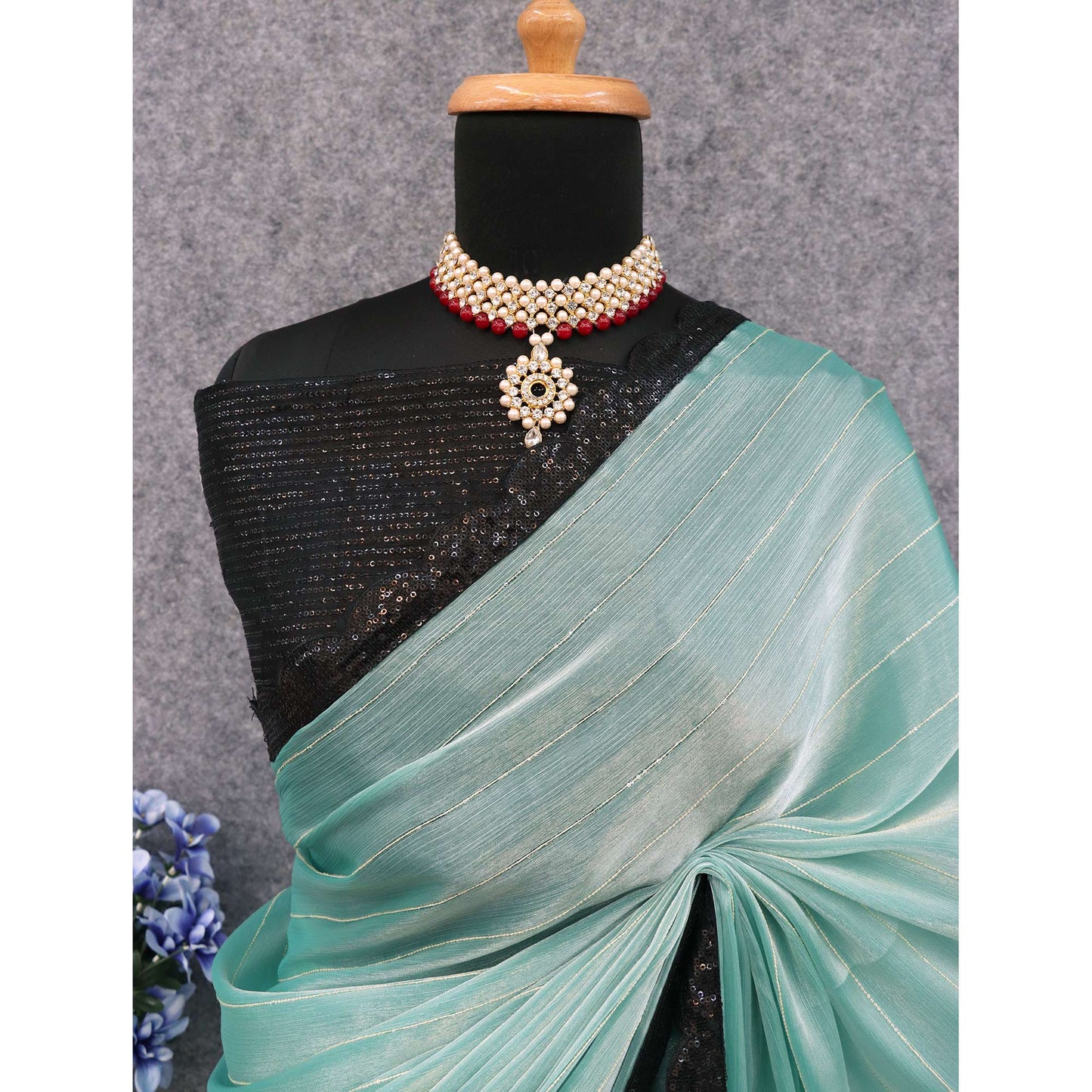 Turquoise Sequins Embroidered Chiffon Saree