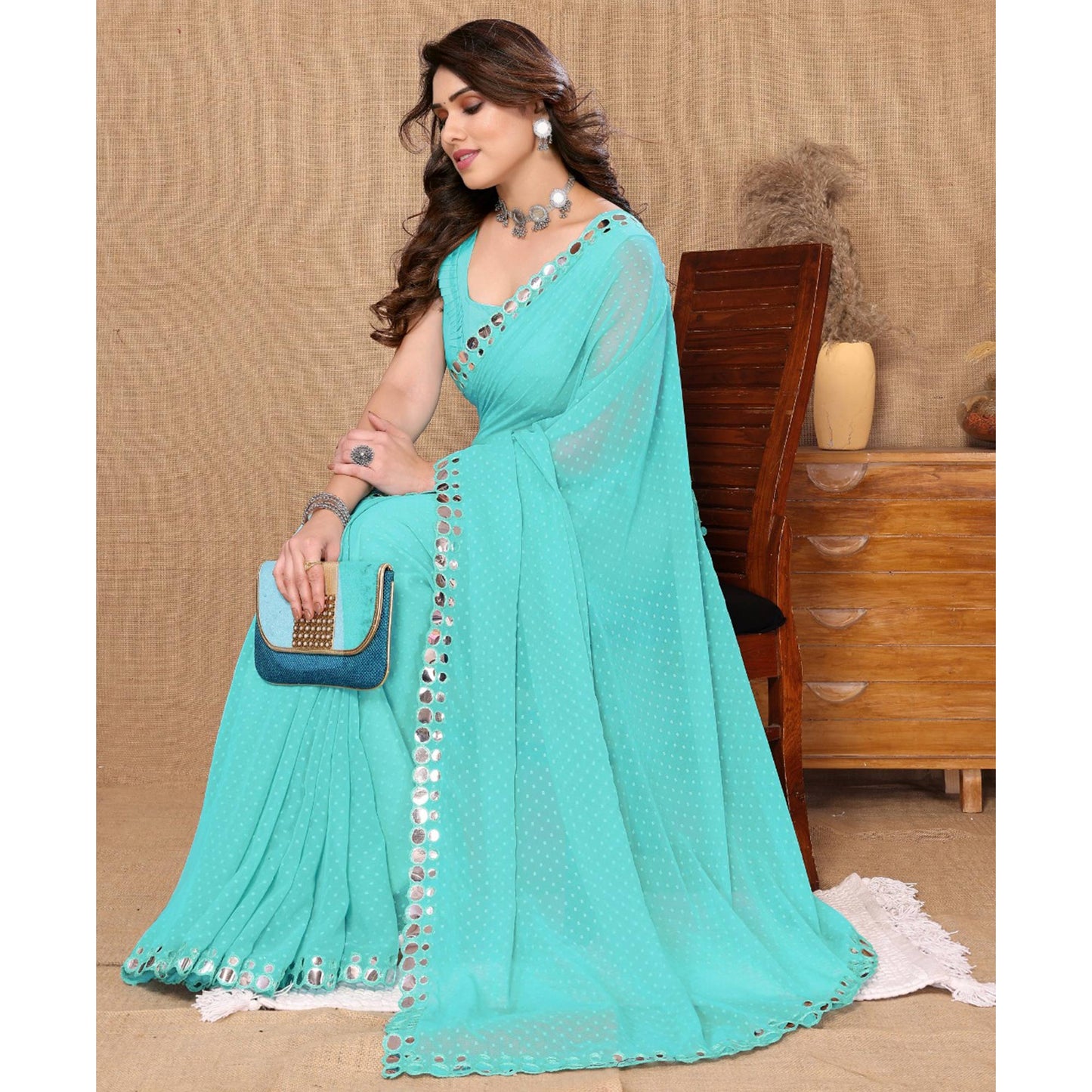 Turquoise Embroidered Butti Work Georgette Saree