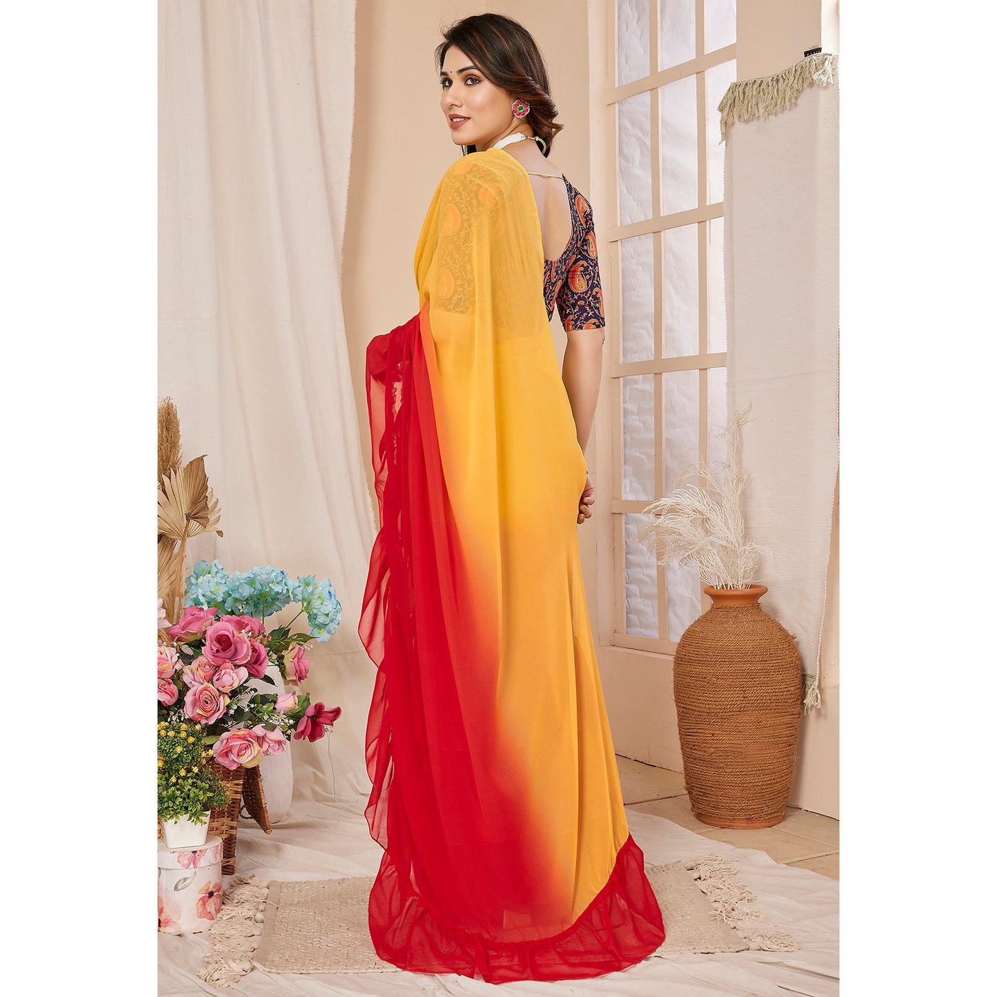 Red & Yellow Ombre Printed Georgette Ruffle Saree