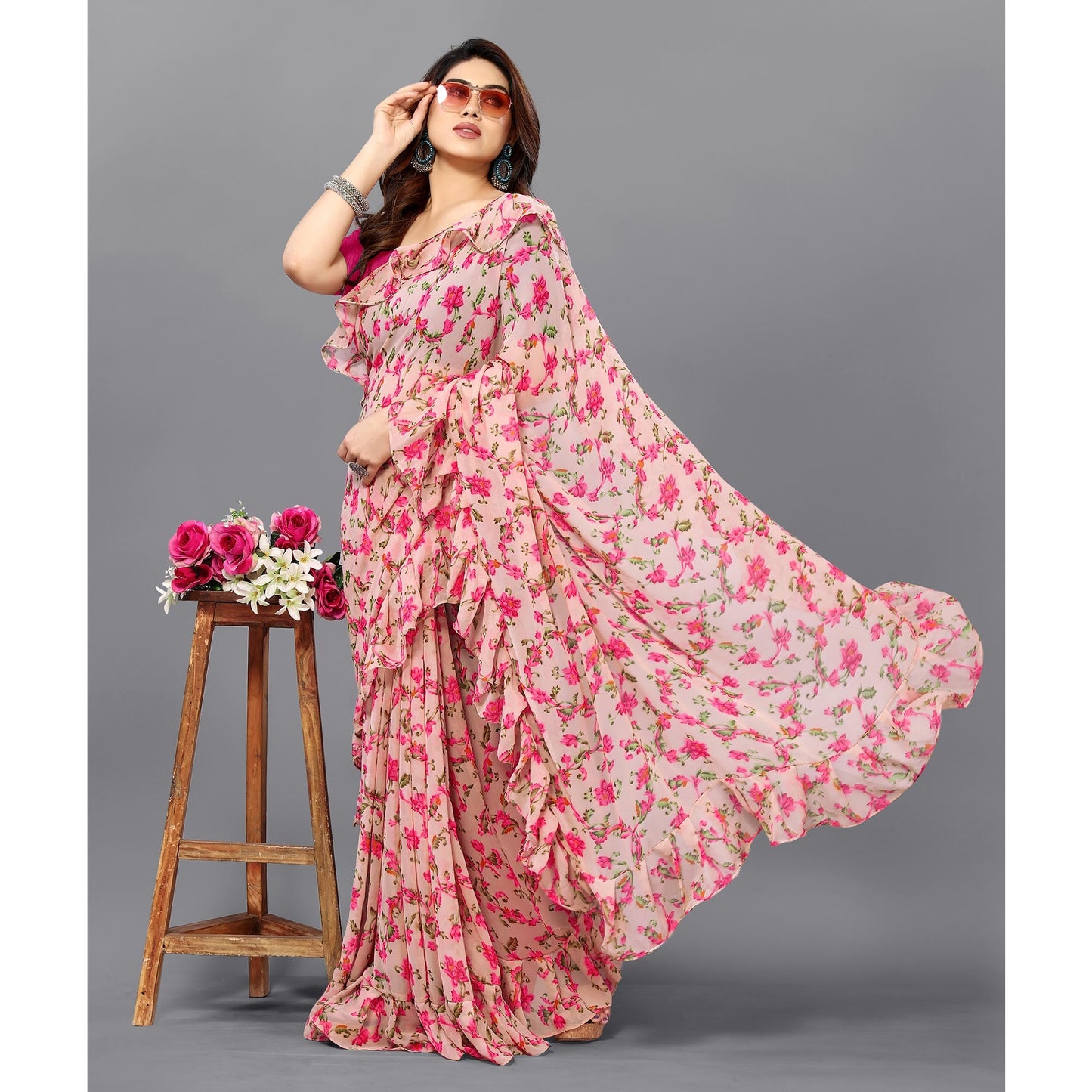 Peach Floral Printed Georgette Saree