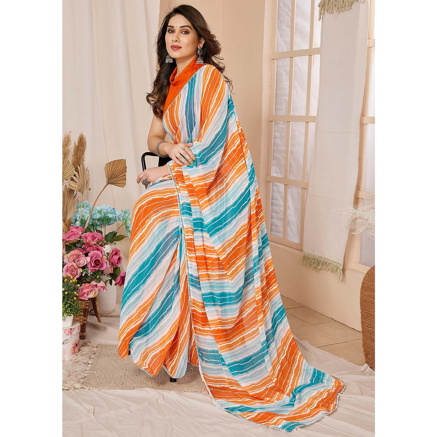 Orange & Sky Blue Printed Ready To Wear Georgette Saree