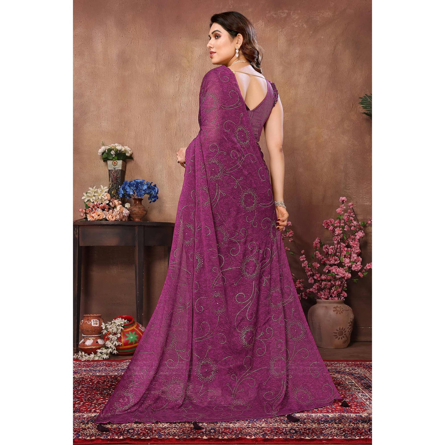 Purple Mukaish With Foil Printed Silk Saree With Tassels