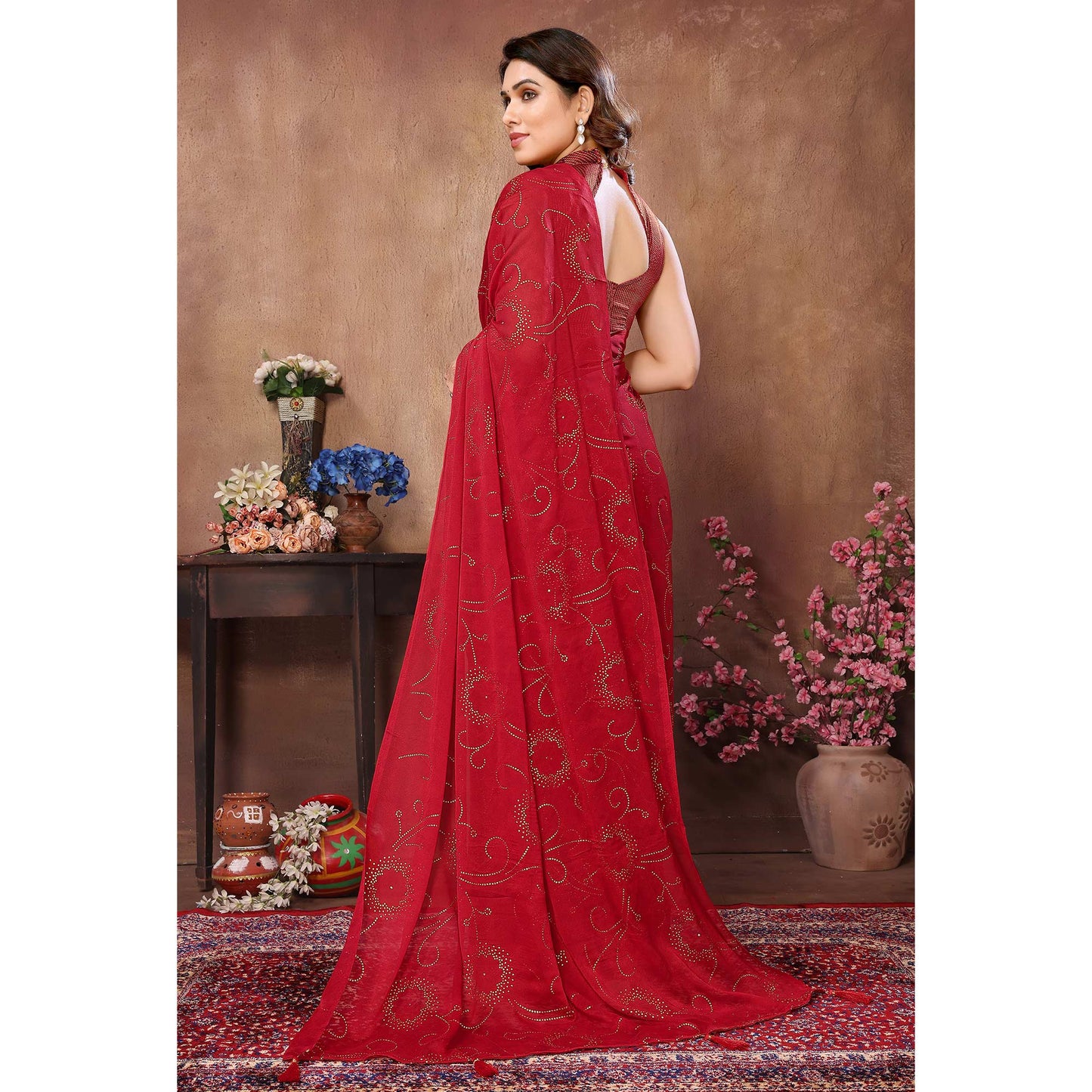 Red Mukaish Work Silk Saree With Tassels