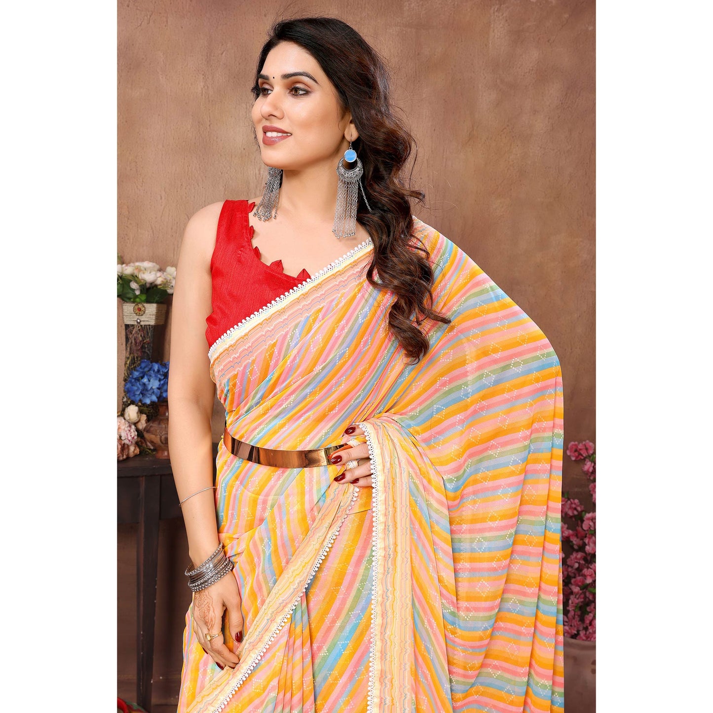 Yellow Printed Striped Printed Ready To Wear Georgette Saree