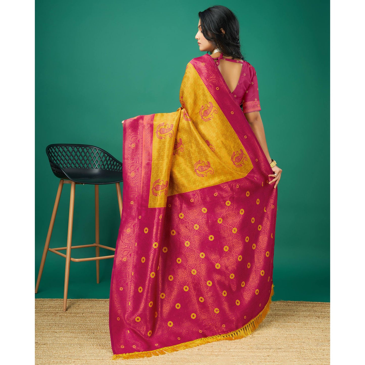 Gold Zari Woven Banarasi Silk Saree With Tassels