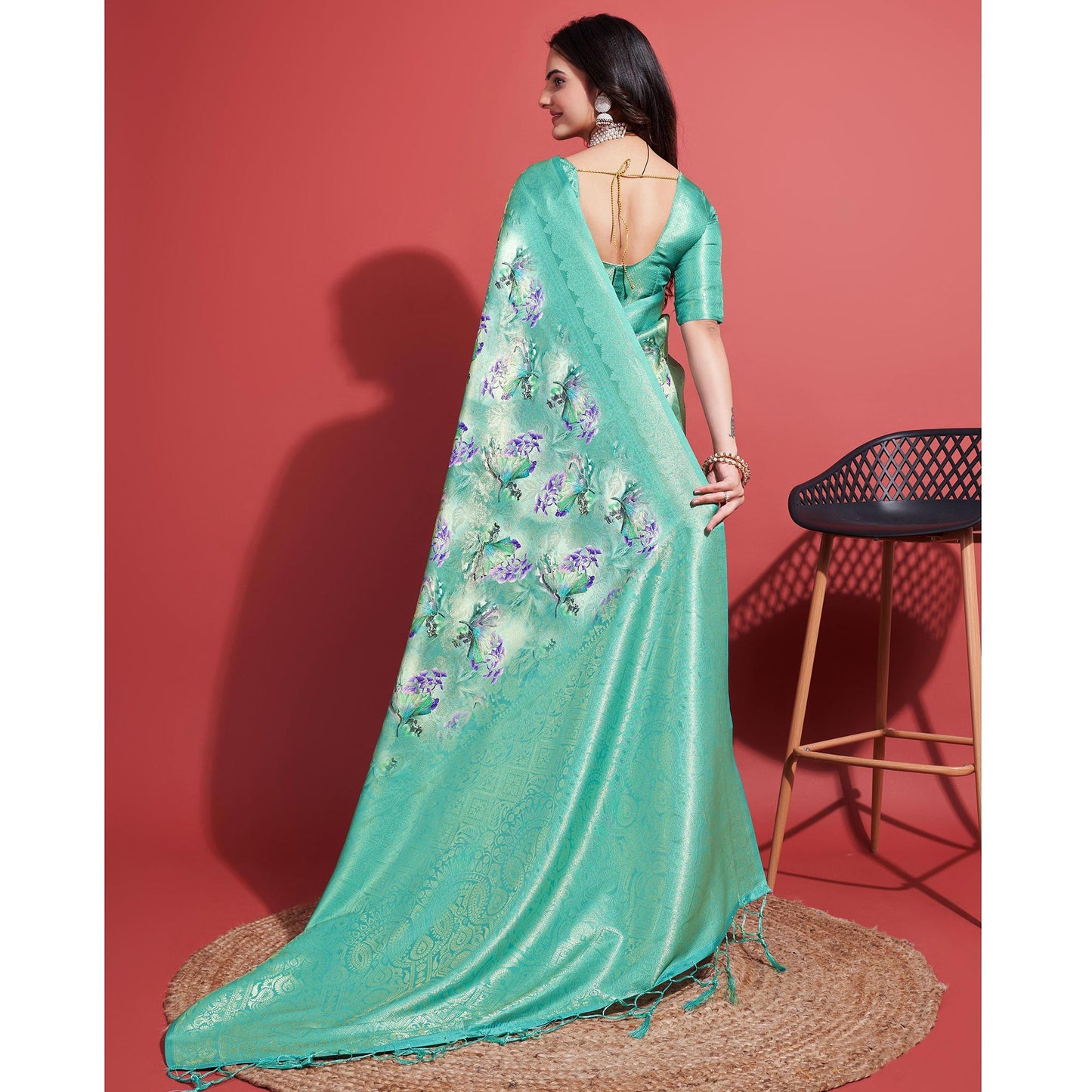 Turquoise Floral Digital Printed With Woven Border Banarasi Silk Saree