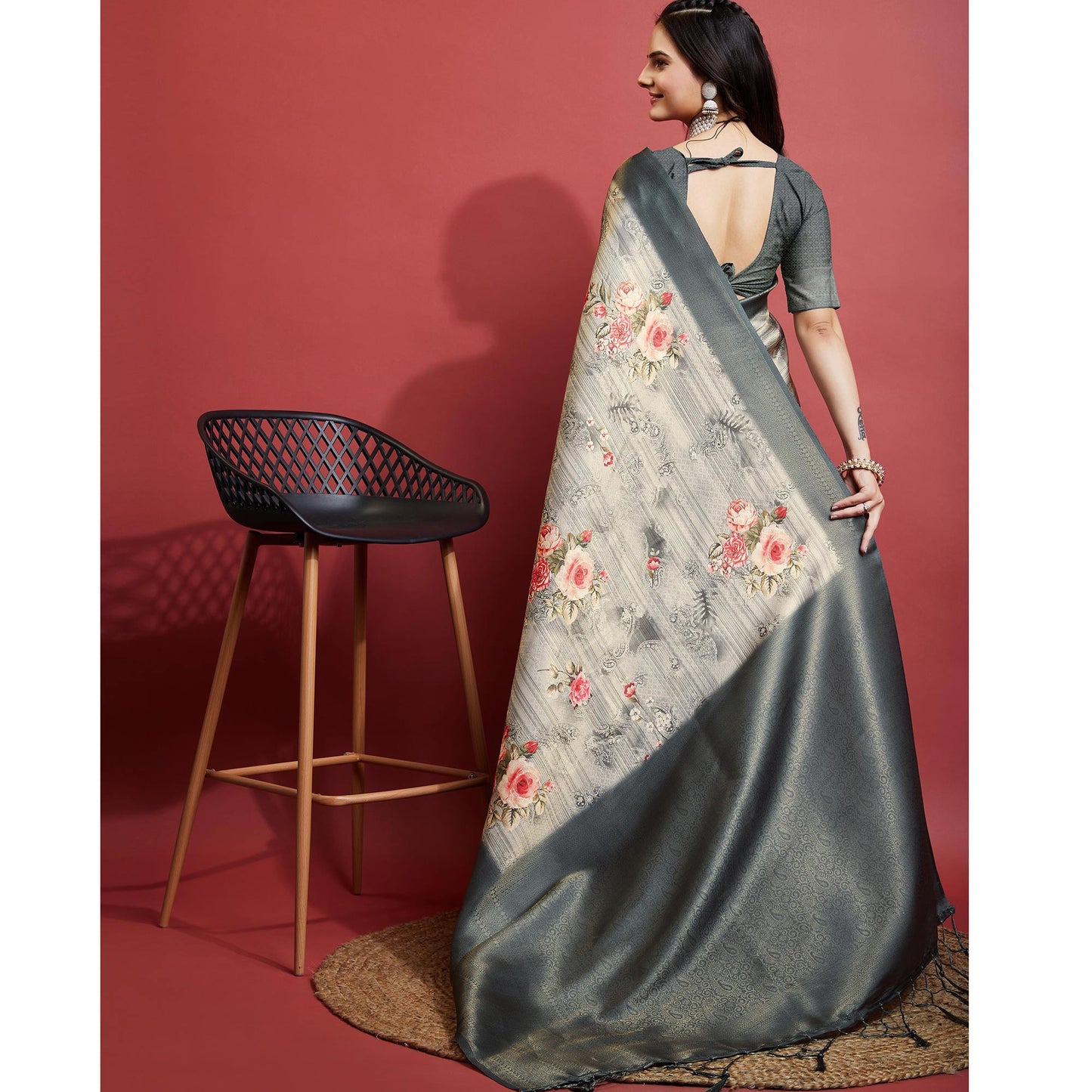 Grey Floral Digital Printed With Woven Banarasi Silk Saree